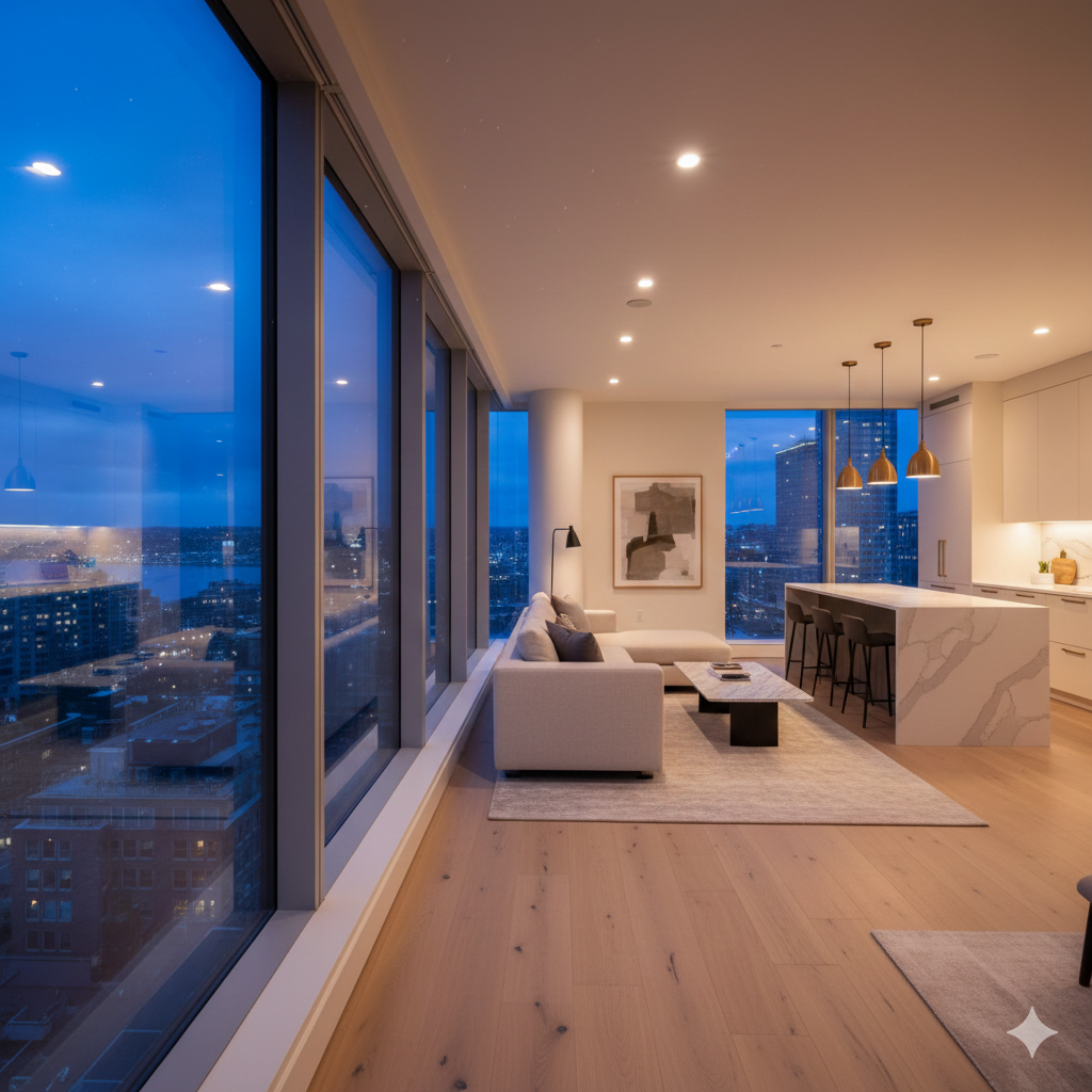 Luxury Boston high-rise condo interior with city skyline